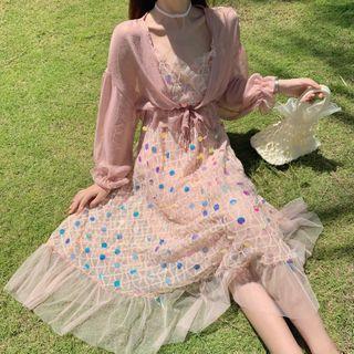 Sequined Strappy Midi A-line Dress / Light Jacket