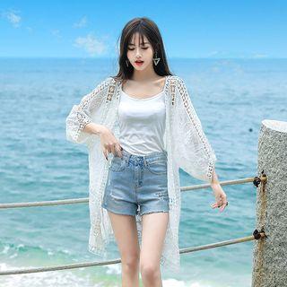 Lace Embroidered Long Light Jacket White - One Size