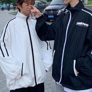 Couple Matching Letter Embroidered Striped Zip Jacket