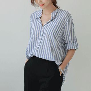 Mandarin-collar Tab-sleeve Striped Shirt