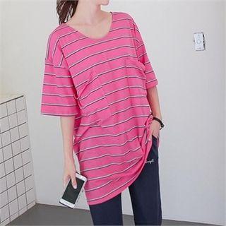 Dual-pocket Stripe Long T-shirt