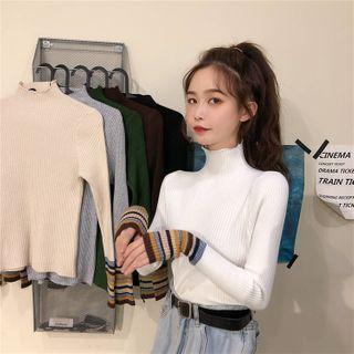 Turtleneck Ribbed Color-block Sleeve Top