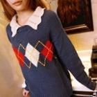 Pointelle Collar Argyle Sweater