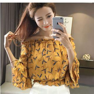 Print Off-shoulder 3/4-sleeve Chiffon Top