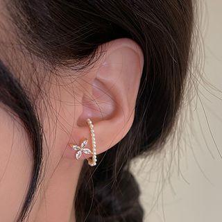 Flower Faux Pearl Rhinestone Alloy Hoop Earring 1 Pair - White Faux Pearl - Gold - One Size