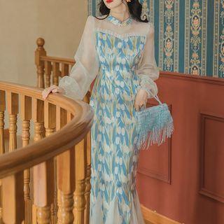 Long-sleeve Sheer Panel Midi Mermaid Sheath Dress