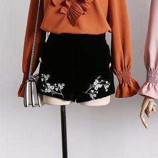 Plum Blossom-embroidered Velvet Shorts