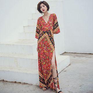 3/4-sleeve Open Back Patterned Slit Maxi Dress