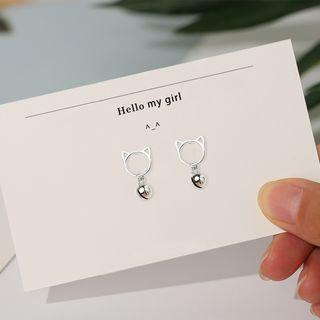 925 Sterling Silver Cat & Bell Dangle Earring 1 Pair - Cat & Bell - One Size