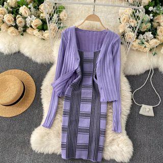 Set: V-neck Plain Cardigan + Sleeveless Knit Dress