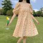 Puff-sleeve Floral Print A-line Dress Floral - Light Yellow - One Size