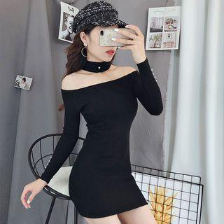 Long-sleeve Choker Neck Mini Sheath Dress