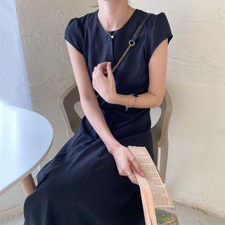 Cap-sleeve Button-up Midi A-line Dress