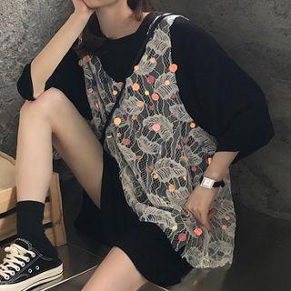 Set: Crew-neck 3/4-sleeve T-shirt + Sequined Oversize Tank Top As Shown In Figure - One Size