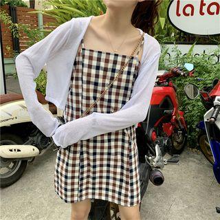 Light Cardigan / Plaid Spaghetti-strap Dress