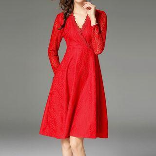 Long-sleeve Surplice A-line Lace Dress