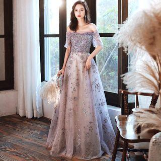 Short-sleeve Off-shoulder Floral Sequined A-line Evening Gown