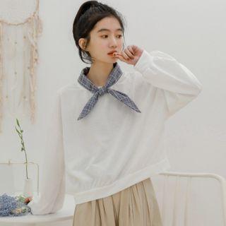 Mock Two-piece Plaid Tie-neck Pullover White - One Size