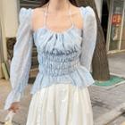 Long-sleeve Halter Asymmetric Trim Slim Fit Top Blue - One Size
