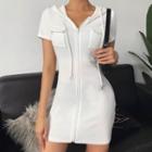 Short-sleeve Zip Mini Sheath Hoodie Dress