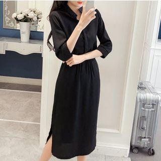 Elbow-sleeve Slit-side Midi A-line Dress