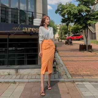 Linen Blend Midi Pencil Skirt