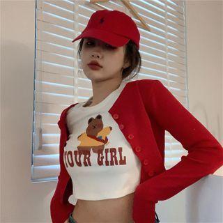 Knitted Cropped Cardigan / Printed Cropped Top