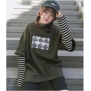 Mock Two-piece Striped Panel Printed Pullover