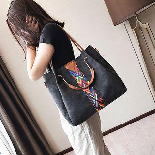 Set: Faux-leather Printed Trim Tote + Cross Bag