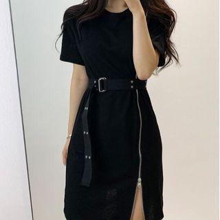 Short-sleeve Plain Zip-up Mini Dress