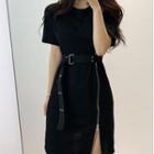 Short-sleeve Plain Zip-up Mini Dress