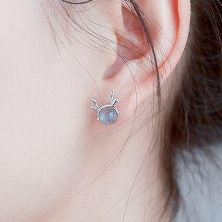 925 Sterling Silver Beaded Deer Horn Earring Platinum Plated - One Size