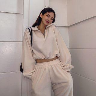 Cord-hem Coral-fleece Anorak Pullover