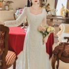 Long-sleeve Square Neck Embroidered Midi A-line Dress