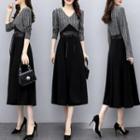 Long-sleeve Knit Panel Midi A-line Velvet Dress