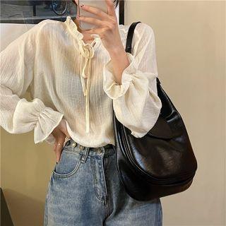 Long-sleeve Plain Chiffon Blouse / V-neck Knit Vest