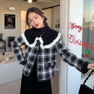 Wide-collar Frill Trim Plaid Button Jacket Black - One Size