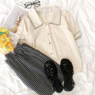 Short-sleeve Contrast Trim Shirt / Plaid Pants