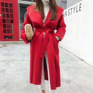Shawl-collar Wool Blend Wrap Coat