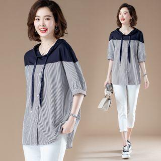 Striped Panel Hooded Semi Sleeve Shirt