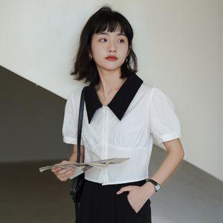 Short-sleeve Two Tone Blouse White - One Size