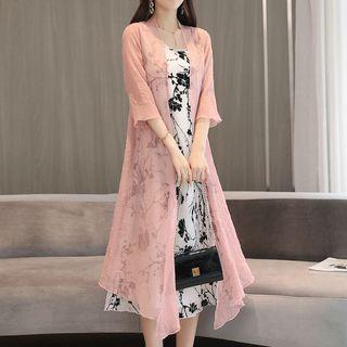 Set: Sleeveless Floral Midi Dress + Elbow-sleeve Light Jacket