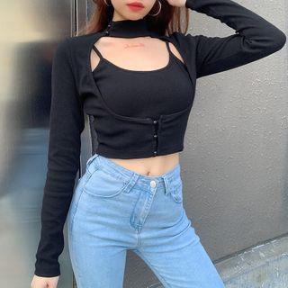 Set: Long-sleeve Mock-neck Cutout Top + Camisole Top