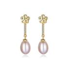 Sterling Silver Plated Gold Simple Elegant Flowers Long Purple Freshwater Pearl Earrings With Cubic Zirconia Golden - One Size