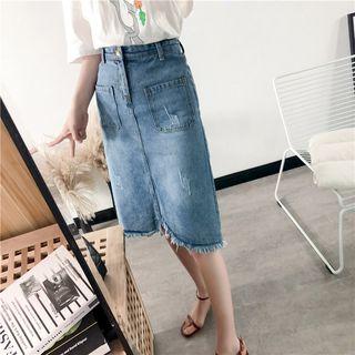 Frayed Hem Denim Skirt Light Blue - L