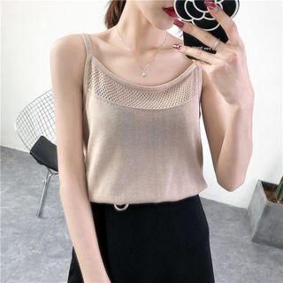 Spaghetti Strap Perforated Trim Knit Top