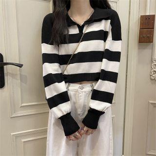 Polo Collar Stripe Loose Fit Sweater