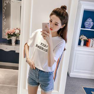 Short-sleeve Ring Detail Strap Lettering Top