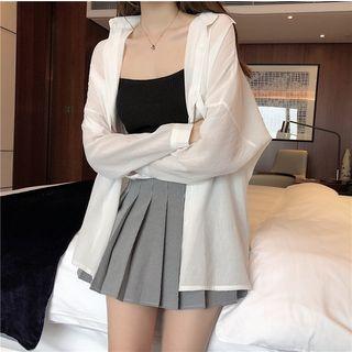 Set: Plain Sheer Shirt + Camisole Top + Plaid Pleated Skirt