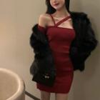 Asymmetrical Cold-shoulder Knit Dress Red - One Size